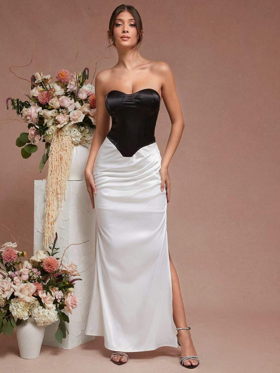 L'Amorae Satin Two Tone Pleated Mermaid Hem Dress - Black and White - View 1