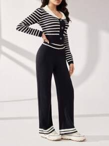 Modelyn Women 2pcs/Set Casual Button Decor Striped Sweater & Pants Set, Autumn/Winter - Black and White - View 7
