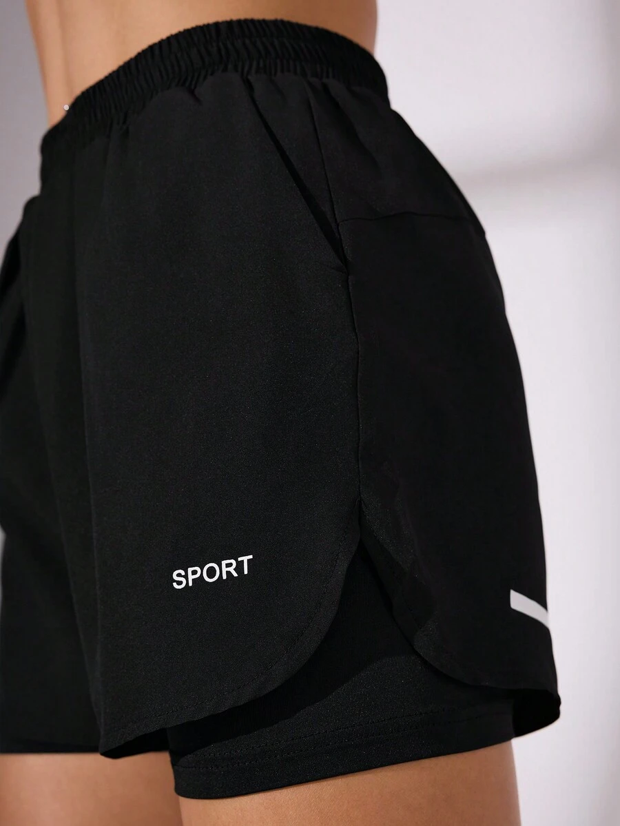 女士字母印花松紧腰口袋日常健身运动短裤 - 黑色 - 查看 1