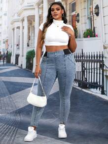 SHEIN Essnce 大码休闲水洗撞色腰带紧身牛仔裤