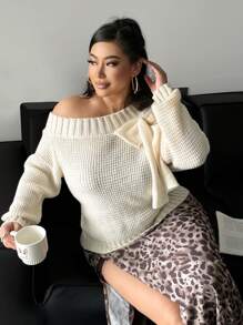 SHEIN Frenchy Fashion Minimalist Bow Shoulder Solid Color Pullover Sweater, Suitable For Casual, Home, And School, Autumn/Winter Fall/Winter - Beige - View 1