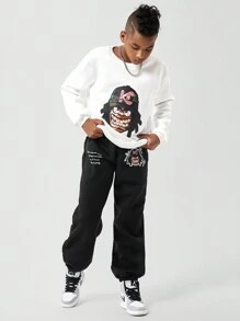 SHEIN 2pcs Tween Boys' Stylish Cartoon Portrait Sweatshirt & Sweatpants Set - White - View 3
