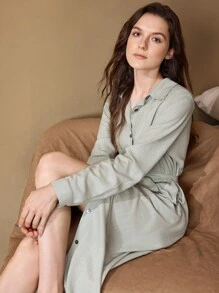 Ocili Leisure Comfortable Linen-Like Material Breathable Stand Collar Tie Waist Long Sleeve Front Button Up Robe - Grey - View 6