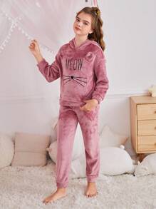 SHEIN 2 件 Tween Girl 女童卡通猫和字母印花刺绣连帽运动衫和毛绒羊毛裤柔软舒适睡衣套装，秋冬 - 粉色 - 查看 4