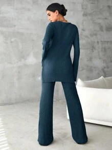 EURMUSE Cotton Solid Split Hem Tee & Flare Leg Pants - Teal Blue - View 2