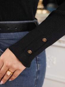 Mulvari Áo len dệt kim gân cổ đứng tay dài màu trơn cỡ lớn cho nữ, mùa thu/đông - màu đen - Xem 6