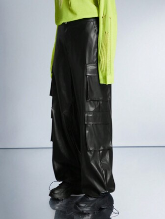 Manfinity UZERO Pantalon décontracté ample à jambes droites tressées pour homme, style long taille mi-haute, pantalon ample de sortie, pantalon noir uni, convient pour le port quotidien, cadeau pour le mari ou le petit-ami