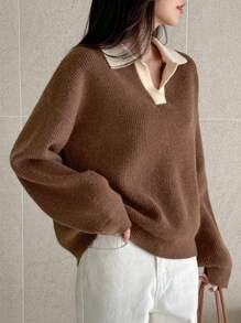 DAZY 1 pieza Jersey casual de mujer con bloqueo de color, hombro caído y manga larga, para otoño/invierno