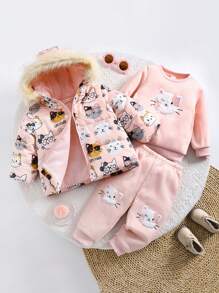 SHEIN 3pcs Baby Girl Cute Pink Cat Pattern Warm Fleece Hooded Jacket & Pants Set, Autumn/Winter