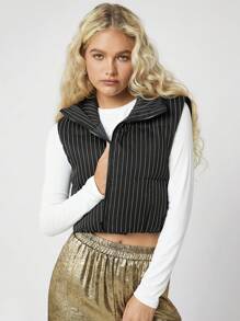 SHEIN EZwear Women's Black And White Striped Stand Collar Sleeveless Padded Padded Coat, For Autumn/Winter