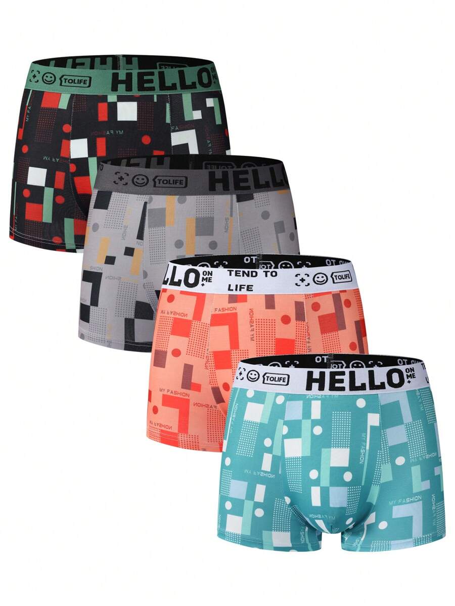 4pcs/Set Men's Casual Letter & Geometric Print Briefs - Multicolor - View 1