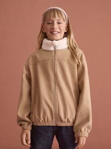 SHEIN Tween Mädchen Jacke in Khaki mit Farbblock, Fellkragen und Reißverschluss, Herbst/Winter - Khaki - Übersicht 1