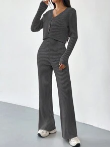 SHEIN EZwear Autumn And Winter 2pcs/Set Women V-Neck Button Decor Contrast Color Long Sleeve Top And Knitted Long Pants Sweater Suit - Dark Grey - View 6