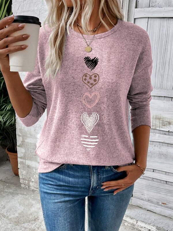 EMERY ROSE Damen Lässig Herz Muster Langarm T-Shirt, Grafik Tops mit Motiven für Damen im Herbst, perfekt für Outfit im Frühling