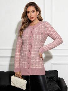 SHEIN Clasi Women's Plaid Long Sleeve Single Breasted Casual Cardigan, Autumn/Winter - Pink - View 5