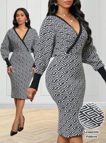 SHEIN Lady Autumn And Winter Vintage Concert/Music Festival Modest Work Office Casual Elegant Black White Worsted Overlap Collar Pencil Straight Batwing Sleeve Taping Border New Product Fit Fitted Dress Women Sweater Dresses - Black and White - View 1