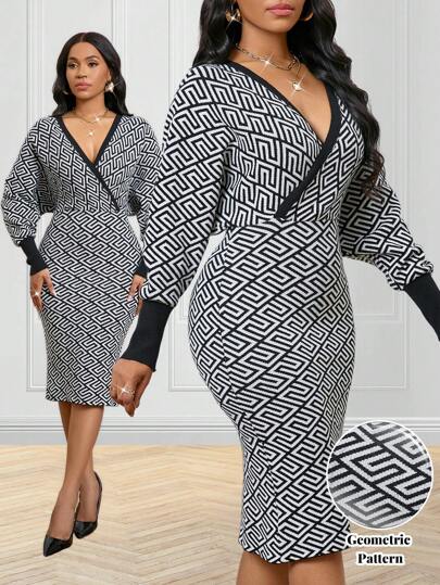 SHEIN Lady Höst Och Vinter Vintage Konsert/Musik Festival Modest Work Office Casual Elegant Svart Vit Kamgarn Överlappande krage Penna Rak Batwing ärm Tejp Kant Ny produkt Passform Fititted Klänning Dam Tröjor Klänningar