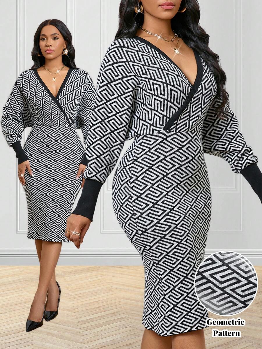 SHEIN Lady Autumn And Winter Vintage Concert/Music Festival Modest Work Office Casual Elegant Black White Worsted Overlap Collar Pencil Straight Batwing Sleeve Taping Border New Product Fit Fitted Dress Women Sweater Dresses - Black and White - View 1