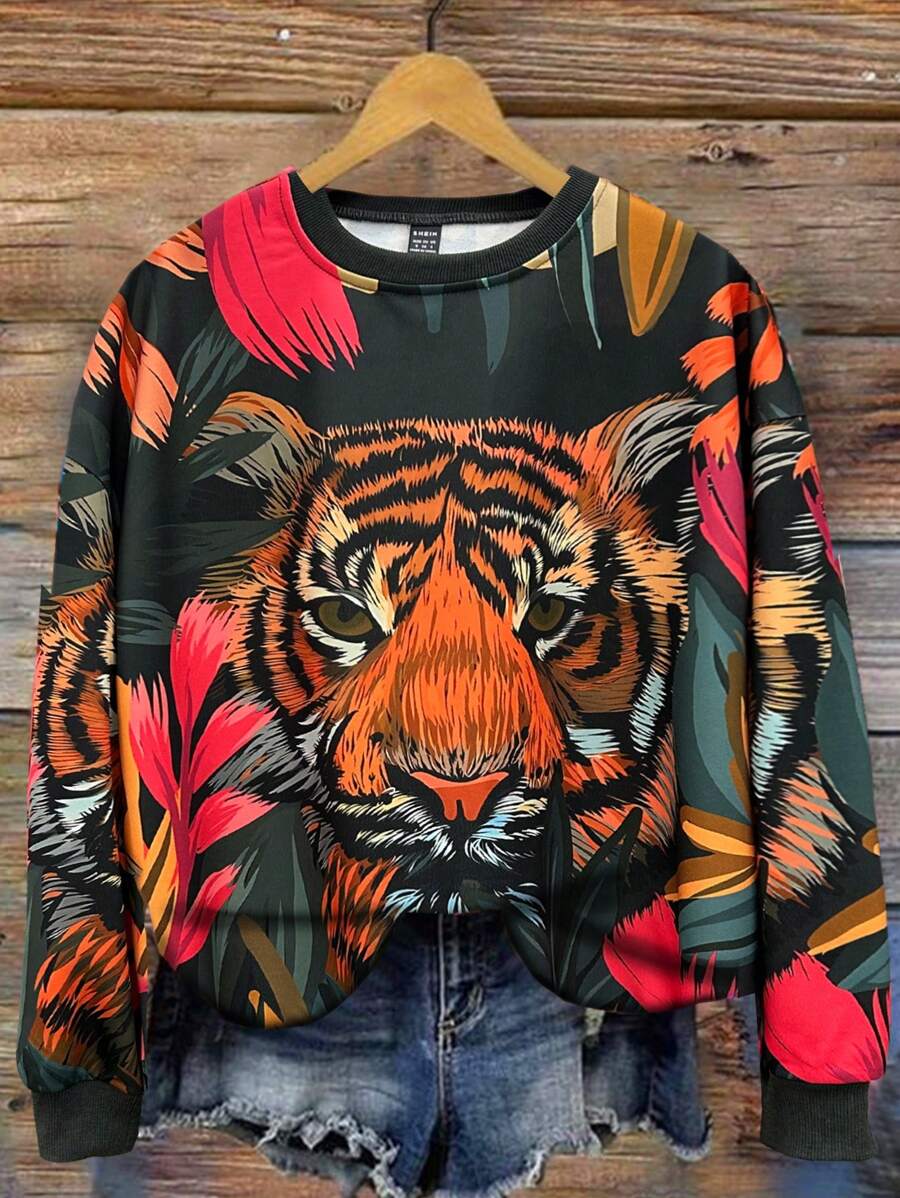 INAWLY Áo nỉ dài tay vai rớt dành cho nữ, in hình hổ và lá tre, áo dài tay, thích hợp cho lễ tốt nghiệp, giáo viên, áo chui đầu mùa thu cho năm học mới. - Nhiều màu - Xem 1