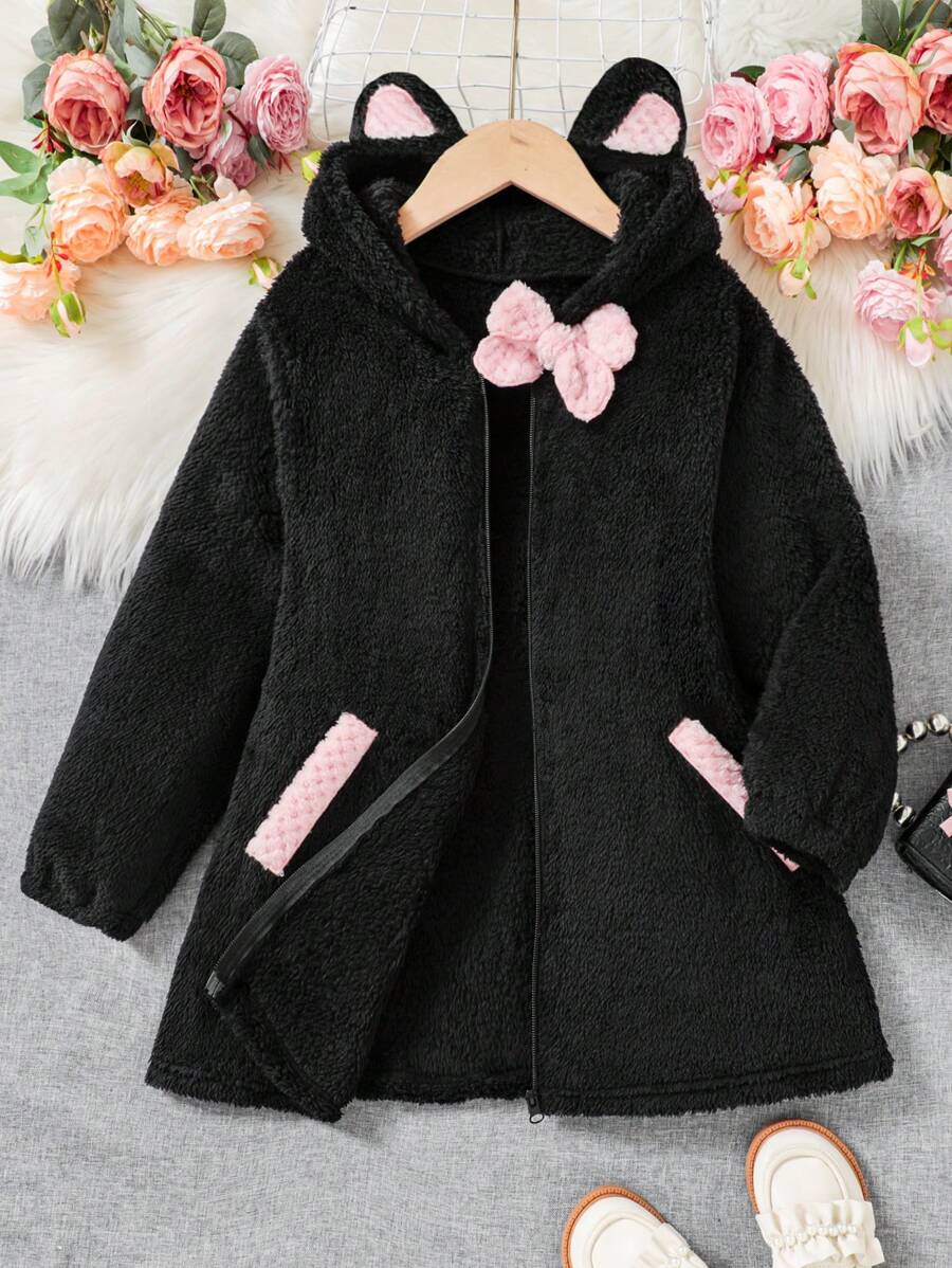 SHEIN Tween Girl Loose Collar Bow Ear Decor Black Warm Winter Jacket, Pink - Black - View 1
