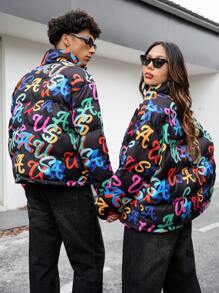 Manfinity VCAY 字母涂鸦印花立领夹棉大衣，适合冬季外出，涂鸦彩色泡泡大衣，送给朋友，老公，男朋友的礼物 - 彩色 - 查看 1