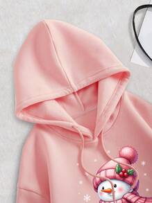 SHEIN EZwear Áo nỉ trùm đầu dài tay dệt kim họa tiết người tuyết Giáng sinh cho nữ - Màu Hồng baby - Xem 6