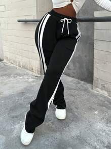 Casual Contrast Stripe Drawstring Waist Sports Pants, Autumn - Black - View 8