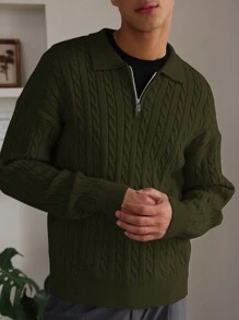 Manfinity Hypemode Men's Solid Color Front Zipper Long Sleeve Simple Knitwear, Casual For Daily Wear