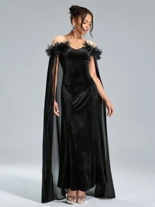 SHEIN Belle SHEIN Belle Herbst- und Winter-Bankett-Partymode, elegantes und luxuriöses schwarzes Abendkleid aus elastischem Samt mit enger Taille und übergroßem Rock, formelles Abendkleid für Damen im Herbst und Winter, dreidimensionales 3D-Blumendesign am Ausschnitt verleiht Mode und Eleganz, kann zu Partys, Banketten und Weihnachten getragen werden