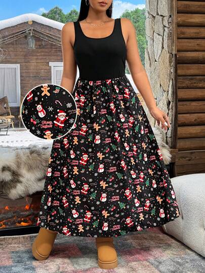 SHEIN EZwear 大码圣诞老人印花拼接无袖休闲中长连衣裙，适合夏季