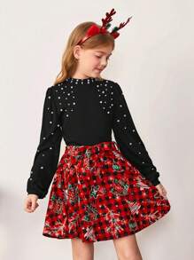 SHEIN 2pcs/Set Tween Girls Stand Collar Beaded Tight-Fitting T-Shirt And Plaid Bow-Tie Mini Skirt, Christmas - Red - View 2