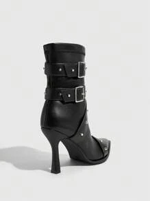 CUCCOO GRLICON Sexy Fashion Belted Point Toe High Heel Casual Versatile Side Zipper Boots New Year Holiday - Black - View 3
