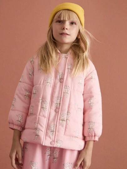 SHEIN Rosa, avslappnad huvjacka med heltäckande tryck för ung flicka, långärmade ytterkläder i bomull, höst/vinter
