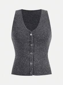SHEIN LUNE Women Casual Solid Color Basic Cardigan & Tank Top 2Pcs Set, Autumn/Winter Winter Clothes For Women V Neck Sweater Winter Outfits For Women 2 Pieces Sets Ladies,Casual - Dark Grey - View 9