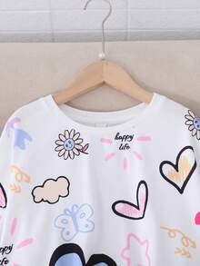 SHEIN Áo nỉ cổ tròn họa tiết hoạt hình đơn giản thoải mái cho bé gái tuổi teen mềm mại tối giản - trắng - Xem 3
