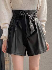 DAZY 女士时尚纯色高腰纸袋腰 PU 皮革短裤，秋季服装 - 黑色 - 查看 6