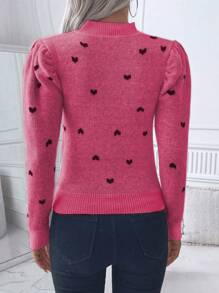 SHEIN Clasi Pull ajusté à manches bouffantes avec motif jacquard en forme de cœur, pour l'automne/hiver, style décontracté