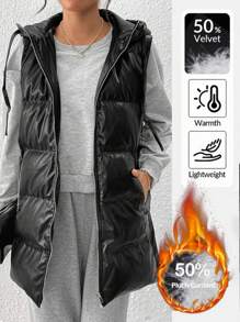 SHEIN Essnce Black Hooded Leather Down& Feathers Jacket With Double Pockets, Zipper, Windproof And Warm, 50% Filled Down& Feathers Down& Feathers Jacket, Side Slits, Metal Buckle, Adjustable Mid-Length Down& Feathers Jacket