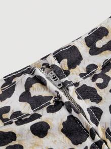 SHEIN MOD Women Leopard Print Pleated Ruffle Hem Short Denim Skirt - Multicolor - View 3