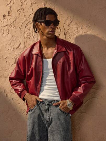 Forever 21 Men's Autumn And Winter Drop Shoulder Long Sleeve Zip Up Red PU Leather Jacket