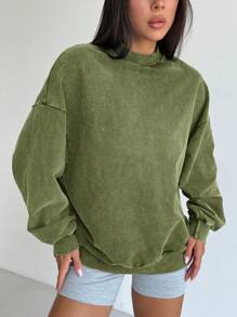 LYSMO Áo nỉ dài tay cổ tròn màu trơn thường ngày cho nữ - xanh quân đội - Xem 3