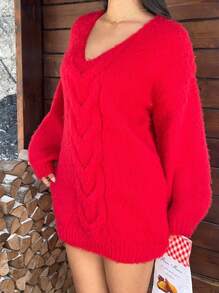 SHEIN EZwear Women V-Neck Long Sleeve Solid Color Minimalist Mini Sweater Dress, Casual Everyday Wear