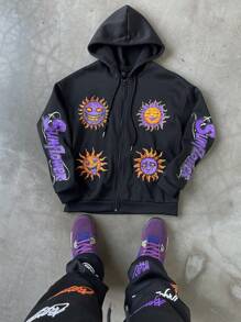 PAVTROS 男士秋季太阳脸印花拉链连帽衫和抽绳慢跑运动裤两件套休闲套装 - 黑色 - 查看 3