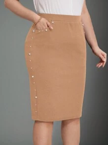 SHEIN Clasi Váy chữ A thường ngày trang trí ngọc trai giả màu trơn cỡ lớn - Màu Khaki - Xem 8