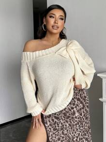 SHEIN Frenchy Fashion Minimalist Bow Shoulder Solid Color Pullover Sweater, Suitable For Casual, Home, And School, Autumn/Winter Fall/Winter - Beige - View 6