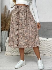 SHEIN Maternity Full-Print Button Front Elastic Waist Knee-Length Skirt - Apricot - View 4