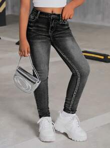 SHEIN Tween Girl Y2K 石洗黑色高腰紧身牛仔裤，返校服，百搭款式，夏季返校街头服饰，海滩波西米亚风演唱会宽松阔腿裤，狂欢节，毕业典礼
