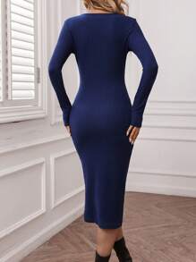 SHEIN LUNE Robe mi-longue moulante à manches longues, fleurs 3D, couleur unie, décontractée, automne/hiver pour femme - Bleu azur - Voir 2