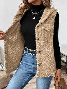 EMERY ROSE 1pc Women Apricot Textured Fringed Fuzzy Sleeveless Hooded Vest Jacket - Mocha Brown - View 6