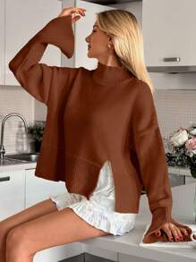 EURMUSE Women Solid Color Mock Neck Rib Knit Hem Sweater - Brown - View 5